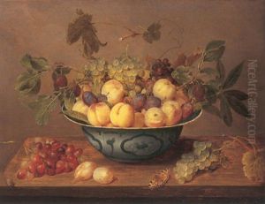 Grapes On The Vine, Peaches And Plums In A Wanli Kraak Porselein Bowl On A Wooden Ledge by Jacob van Hulsdonck