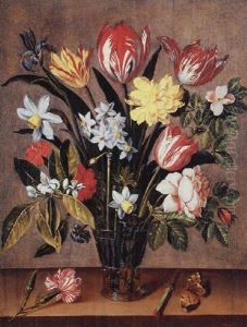 Tulips, Daffodils, Carnations, A Rose And An Iris In A Berkemeyer With A Butterlfly On A Wooden Ledge by Jacob van Hulsdonck