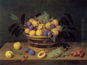 A Still Life Of Plums, Peaches And Grapes In A Basket On A Table, With A Tortoiseshell Butterfly