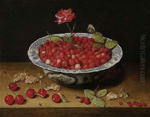 A Still Life Of Wild Strawberries And A Carnation In A Ming Bowl, With Cherries And Redcurrants On A Wooden Ledge