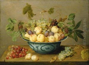 Grapes On The Vine, Peaches And Plums In A Wanli Kraak On A Wooden Ledge, With A Butterfly And A Beetle by Jacob van Hulsdonck