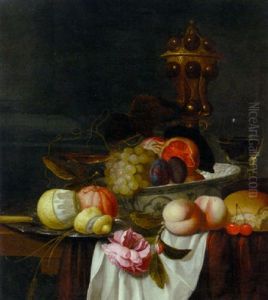 Grapes, Pomegranates And Plums In A Wanli Kraak Porselein Bowl, An Orange And A Partly Peeled Lemon On A Pewter Plate by Jacob van Hulsdonck