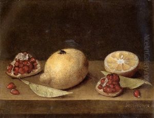 Still Life Of A Whole Lemon, A Sliced Lemon, And Pomegranate Fragments On A Table-top by Jacob van Hulsdonck