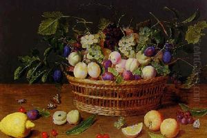 Still Life With A Basket Of Fruit On A Fruit Strewn Table With Two Butterflies And A Beetle by Jacob van Hulsdonck