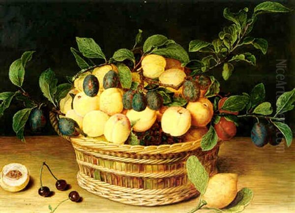 Still Life Of Fruit In A Woven Basket On A Ledge With A Lemon - view 1