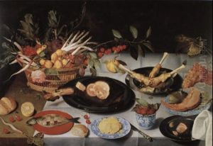 Still Life With Basket Of Fruit And Vegetables And Meat On Dishes by Jacob van Hulsdonck