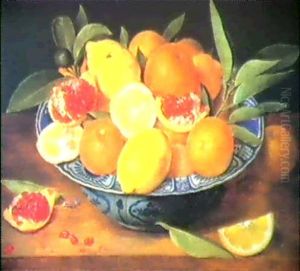 A Still Life Of Oranges, Lemons And Pomegranates In A Blue And White Bowl by Jacob van Hulsdonck