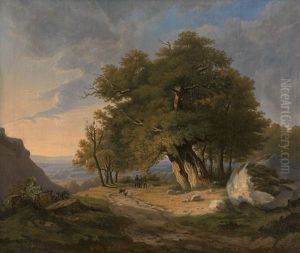 Romantische Mittelgebirgslandschaft Mit Groser Eichengruppe Im Abendlicht by Joseph Huelser