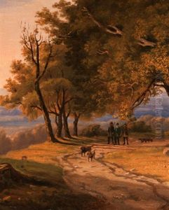 Romantische Mittelgebirgslandschaft Mit Eichengruppe Im Abendlicht