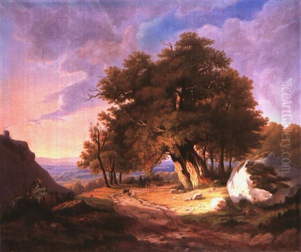 Romantische Mittelgebirgslandschaft Mit Grosser Eichengruppe Bei Sonnenuntergang - view 1
