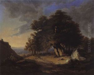 Romantische Mittelgebirgslandschaft Mit Grosser Eichengruppe Und Jagerstaffage
