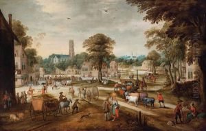 Eine Dorfansicht Mit Dorfbewohnern by Pieter van der Hulst the Elder