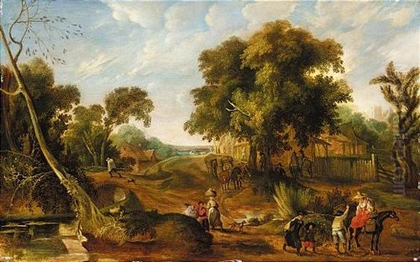 An Extensive Landscape With Many Figures Passing Through A Village - view 1
