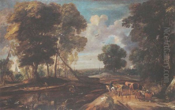 A Wooded Landscape With Travellers In Horse Drawn Wagons - view 1