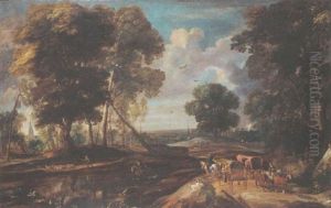 A Wooded Landscape With Travellers In Horse Drawn Wagons
