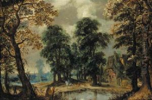 A Wooded Landscape With A Horseman Before A Cottage By A Pond by Pieter van der Hulst the Elder
