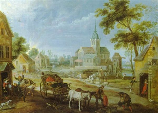 Flandrisches Dorf An Einem Flus Mit Bauern Und Plundernden Soldaten - view 1