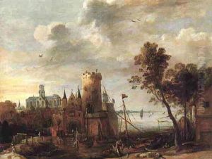 A Harbor Scene Before A Town by Pieter van der Hulst the Elder