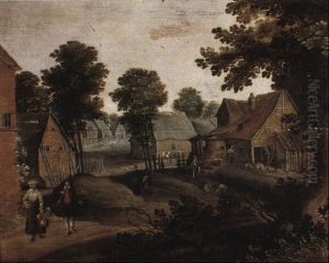 Village With A Swineherd And Peasants On A Track Village With A Swineherd And Peasants On A Track