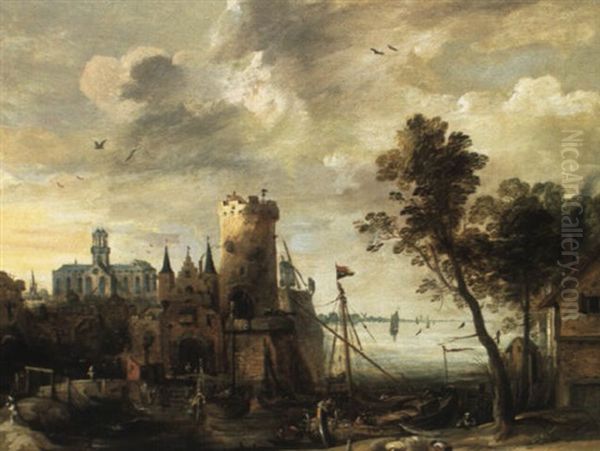 Harbour By A Town With Figures Loading A Sailboat - view 1