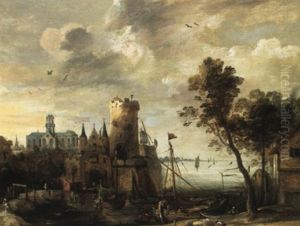 Harbour By A Town With Figures Loading A Sailboat