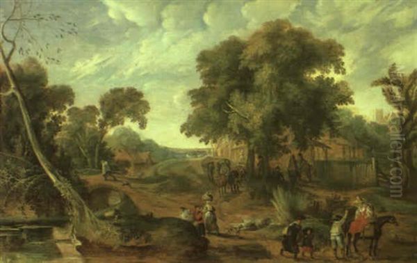 Rural Landscape With A Farmer And Other Figures Carrying Bundles - view 1