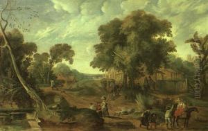 Rural Landscape With A Farmer And Other Figures Carrying Bundles by Pieter van der Hulst the Elder