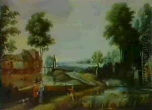 Flusslandschaft Mit Einem Bauernhaus, Und Einem Vornehmen   Paar Einen Angler Grussend