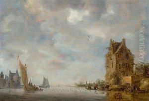 River Scene With Sailing Boats And Houses by Frans de Hulst