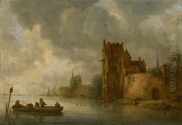 A River Landscape With A Castle And Fishing Boats In The Foreground - view 1