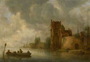 A River Landscape With A Castle And Fishing Boats In The Foreground by Frans de Hulst