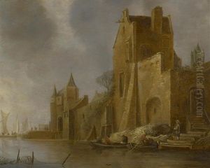 A River Scene With Buildings by Frans de Hulst