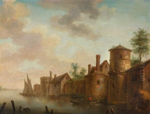 Flusslandschaft Mit Einem Rundturm Und Hausern Am Ufer