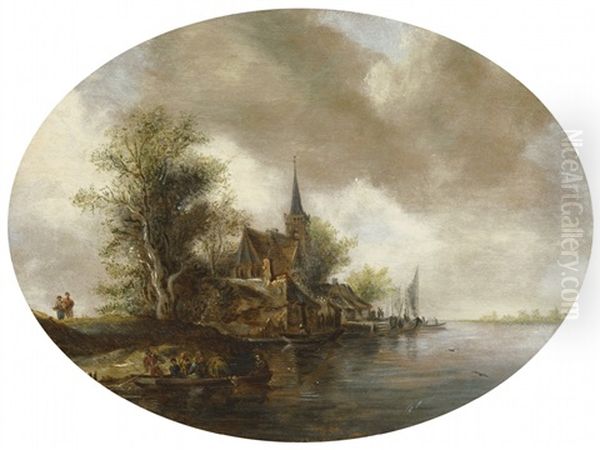 River Landscape With Church And Ferry Boat - view 1