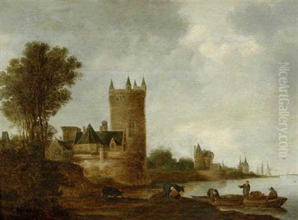 Flusslandschaft Mit Fischern Vor Einer Befestigten Stadt - view 1