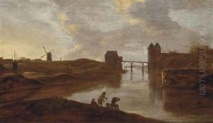 A River Landscape With Anglers On The Shore, A Bridge Beyond