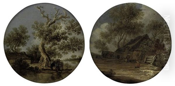 A River Landscape With Two Fishermen In A Boat (+ A Wooded Landscape With Figures Outside A Farmstead; Pair) - view 1