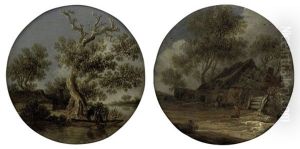 A River Landscape With Two Fishermen In A Boat (+ A Wooded Landscape With Figures Outside A Farmstead; Pair)
