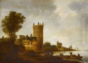 Flusslandschaft Vor Einer Kleinen Stadt Mit Fischern
