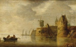 Flussmundung Mit Windmuhle Und Fischerbooten by Frans de Hulst