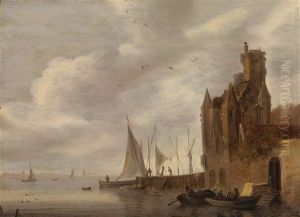 Fischer Vor Einem Kastell Am Flussufer by Frans de Hulst