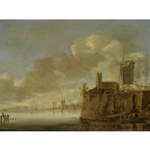 River Landscape With A Fortified Town, A Windmill On The Right Bank, And A Rowing Boat With Figures In The Foreground by Frans de Hulst