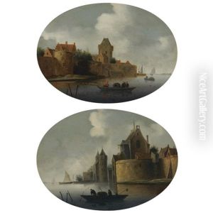 A River Estuary With A Fortified Village On The Left Bank (+ A Fortified Town By A River With Fishermen Hauling In Their Nets; Pair) by Frans de Hulst