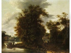 Abendliche Baumlandschaft Mit Fluss Und Gebaude Im Hintergrund Abendliche Baumlandschaft Mit Fluss Und Gebaude Im Hintergrund