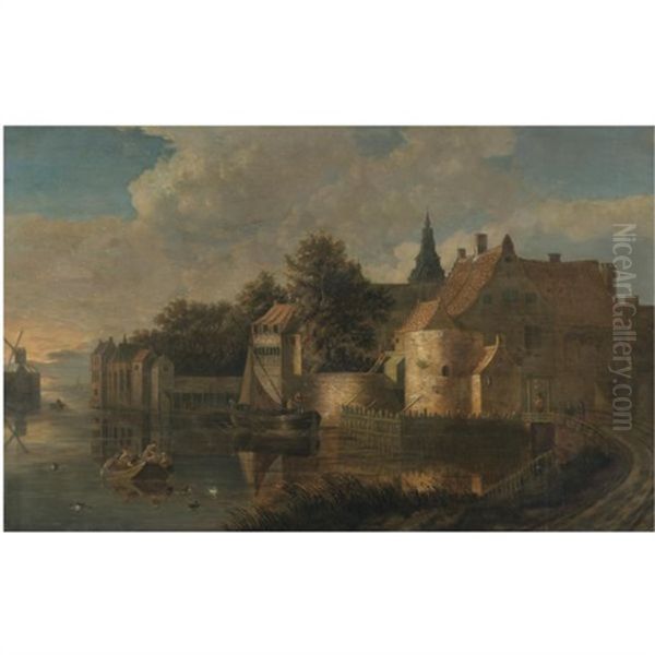 A River Landcape With Figures In Boats Before A Fortified Town - view 1