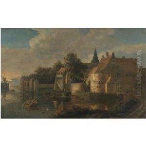 A River Landcape With Figures In Boats Before A Fortified Town