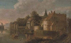A Fortified Canal-side Town With Fisherman In The Foreground