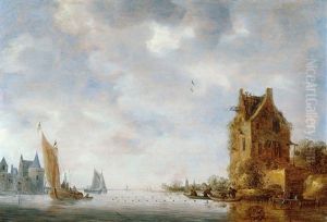 Flusslandschaft Mit Befestigungen Auf Beiden Uferseiten