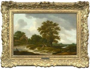 Ausgedehnte Dunenlandschaft Mit Rastenden Bauern Vor Einem Weiler, Rechts Im Hintergrund Angler An Einem Bach