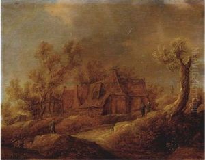 A Wooded Landscape With Figures On A Track Near A Farmhouse by Frans de Hulst